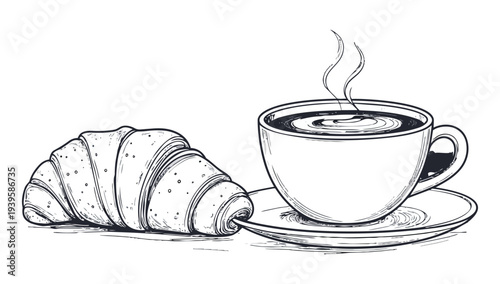 Coffee and Croissant with Heart Latte Art , breakfast, wood, steam, morning, cafe, food, drink, still life, Editable vector illustration