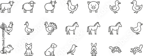Farm animal icon set, livestock pet symbols, cute line art vector collection for agriculture, veterinary, kids, web design