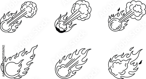 Set of minimalist line art meteor and comet icons depicting fiery space objects with trails ideal for science gaming or astronomy-themed designs