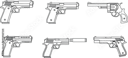Set of diverse handgun and pistol line art vector illustrations featuring a revolver and a suppressed weapon ideal for security and defense concepts