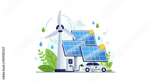 Renewable Energy Concept: Electric Car Charging Powered by Solar Panels & Wind Turbine for a Sustainable Future