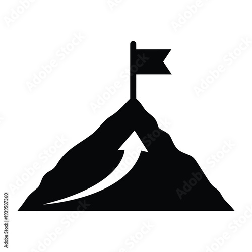 Mountain peak with flag and arrow. mountain top icon. mountain logo.