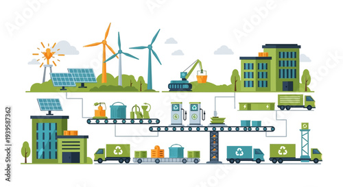 Sustainable Industry and Circular Economy Concept: Green Manufacturing, Renewable Energy, and Recycling Logistics