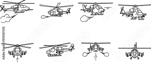 Collection of diverse helicopter line art illustrations featuring military and transport aircraft from multiple angles with action elements perfect for aviation defense and transportation designs