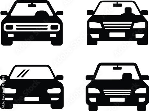 Four Black Car Icons: Transportation, Auto, Vehicle, Travel, Drive