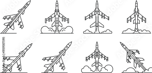 Modern outline vector illustration set of a strategic bomber aircraft showcasing takeoff and flight suitable for military aviation and defense graphic design