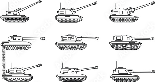 Collection of various military tanks presented as minimalist line art vector icons ideal for game development or web design