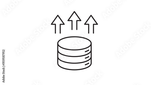 Stack database icon with upward arrows indicating data growth and accessibility. featuring storage, information, technology with computing and