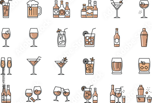 Alcohol drink icon set, cocktail wine symbols, bar beverage outline vector collection for party, menu, pub, web design