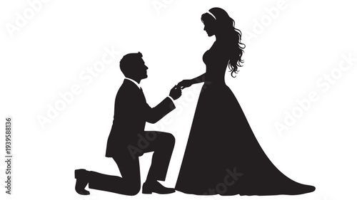 Couple silhouette proposing marriage with man kneeling and woman in gown holding hand, black graphic