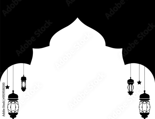 ramadan kareem silhouette background with hanging lanterns and islamic arch