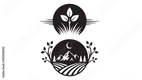 Nature scene emblems with plant sprout and landscape of mountains and fields with crescent moon featuring emblem, logo, agriculture with farming and