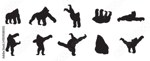 Funny Gorilla Characters Set – Black Silhouette Cartoon Monkeys in Playful Poses. A set of 6 Monkeys silhouette sitting pose and thinking pose
 Vector Illustration.