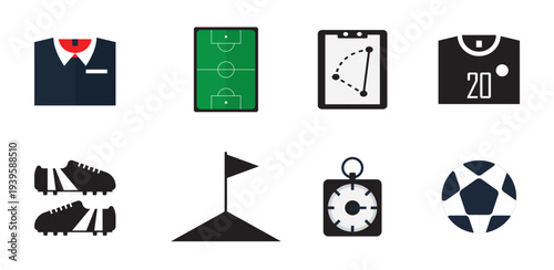 Sports icon set collection featuring athletic equipment like soccer balls, basketball hoops. Athletic Sports Soccer, Basketball, Gym Equipment and Active Lifestyle Symbols Vector Illustration.