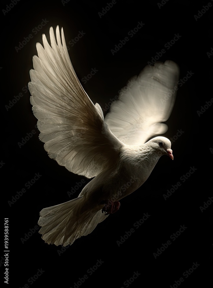 Fototapeta premium White dove in flight against a dark background symbolizing peace and freedom