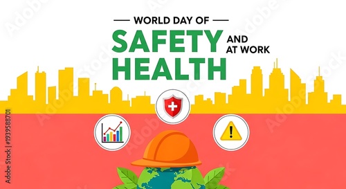 World Day of Safety and Health at Work poster with city skyline and protective gear icons