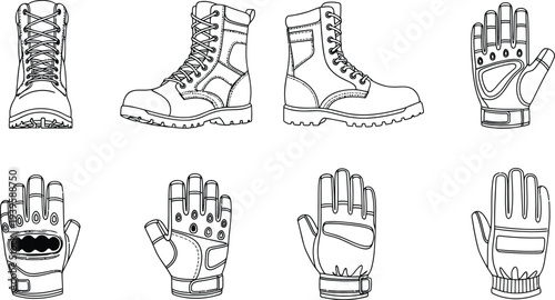 Collection of tactical boots and protective gloves detailed outline vector illustrations suitable for military workwear or outdoor adventure designs isolated on white background