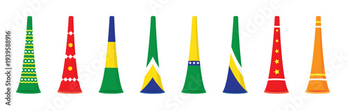 Colorful Vuvuzela Collection – Sports Fan Horns in Multiple Patterns and Designs Vector Illustration.
Set of Vuvuzelas with Various Colors and Patterns, Football Fan Horns.