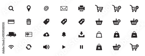 E-commerce and Digital Icons Set, Shopping Cart, Basket, Bag, Credit Card, Shipping Truck, Print, Email, Wi-Fi, Cloud, Location, and More Vector Illustration.