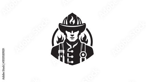 Firefighter portrait emblem with flames and helmet, bold graphic symbol of bravery and rescue featuring fireman, fire, emergency with safety and