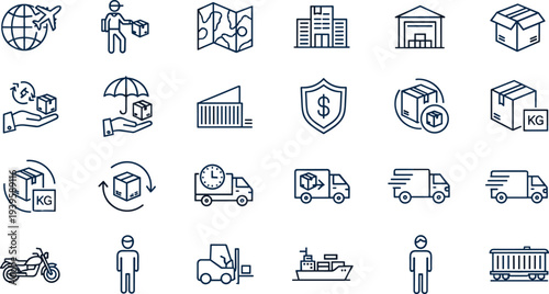 Logistics delivery icon set, shipping transport symbols, warehouse cargo outline vector collection for courier, supply chain, web design