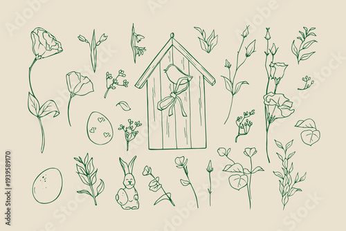 Set of easter outline doodles. Spring flowers and birdhouse sketch