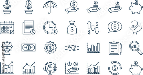 Finance money icon set, investment savings banking symbols, profit growth outline vector collection for business accounting web design