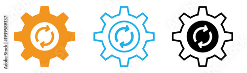 Gear icons with circular arrows in orange blue and black