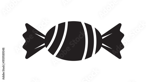 Candy icon with twisted ends, simple black silhouette on white background, isolated graphic element.