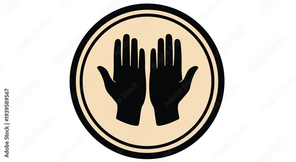 Obraz premium Simple graphic design of two raised black hands in a beige circle with a black outline on a white background.