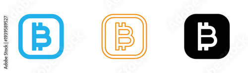 Bitcoin logo variations in blue orange and black