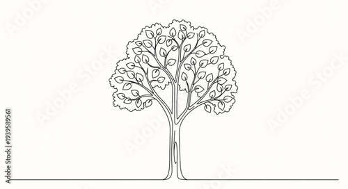 Minimalist Line Drawing of a Tree with Detailed Foliage.