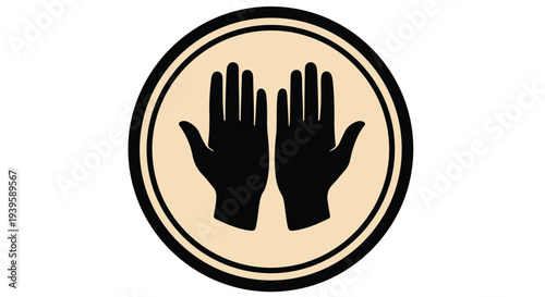 Simple graphic design of two raised black hands in a beige circle with a black outline on a white background.
