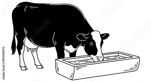 Black cow eating from a salt lick block with its head in a rectangular metal container standing on a white background