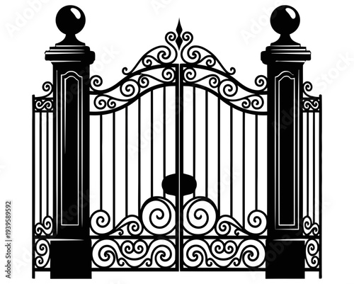 Elegant black metal gate with intricate scrollwork and spherical pillars standing tall against a white background