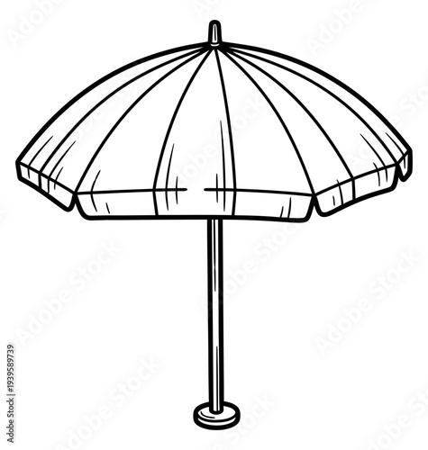 Simple black and white illustration of a beach umbrella standing alone on a plain white background