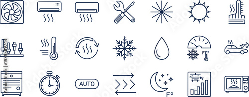 HVAC climate control icon set, air conditioner heating ventilation symbols, temperature automation outline vector collection for smart home systems
