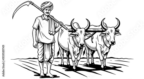 Farmer standing with oxen and sickle ready for agricultural work in a traditional farming setting with simple attire