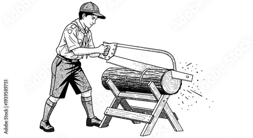 Man sawing log on a wooden trestle with a handsaw in a traditional woodworking setting