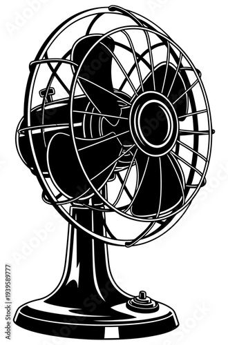 Vintage retro fan illustration with cage and pedestal base, showcasing classic design and nostalgic appeal for home decor and industrial style enthusiasts.