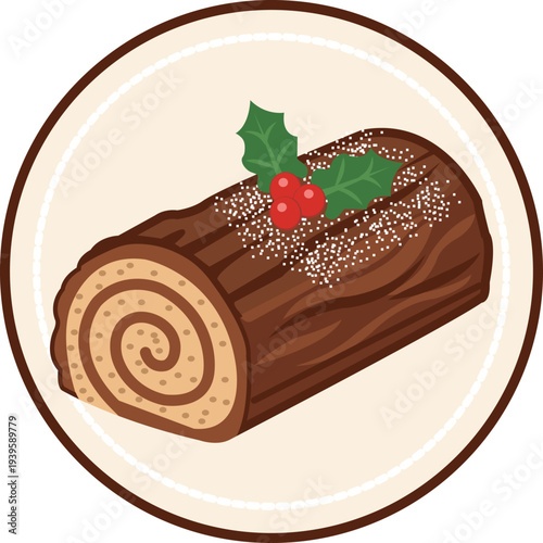 French Buche de Noel Yule Log Cake Illustration With Holly Christmas Dessert