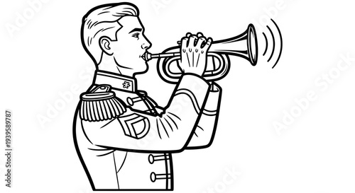 Man in military uniform playing trumpet with enthusiasm and skill in a simple black and white illustration