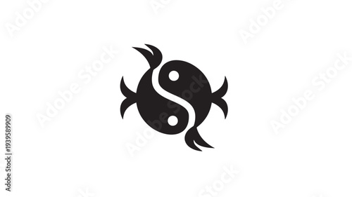 Fish yin yang symbol with swirling tails and dots representing eyes, minimalist black and white emblem
