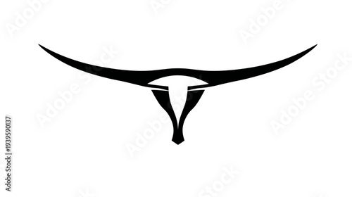 Stylized black bull horns silhouette. Abstract animal head design, minimalist powerful tribal symbol on white background.