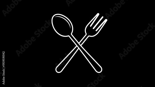 Minimalist white outline of crossed spoon and fork icon on black background, representing dining, food service, or restaurant.