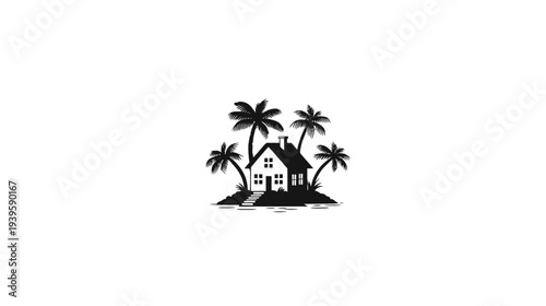 Tropical island house silhouette with palm trees. Idyllic paradise home graphic icon. Exotic vacation real estate concept.