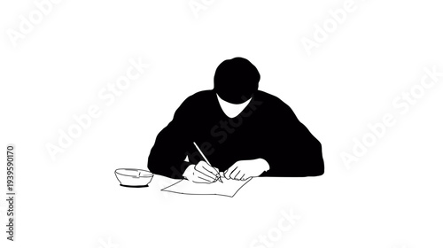 Minimalist black and white vector illustration of a person writing or drawing at a desk, symbolizing creativity, study, and work.