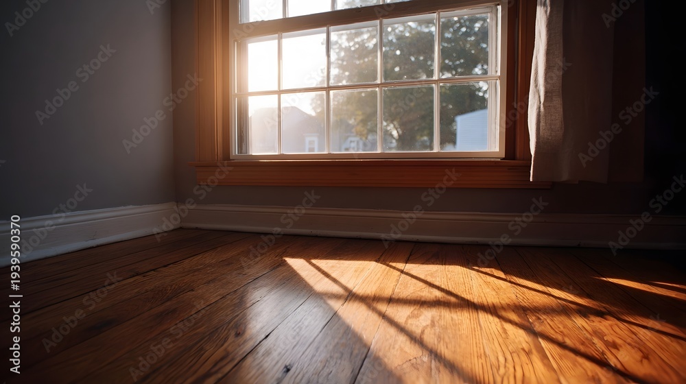 Obraz premium Sunlight streams through a window casting warm geometric shadows across a polished wooden floor in an empty room
