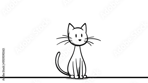 Adorable minimalist hand-drawn black and white cartoon cat illustration sitting with simple line art on a clean white background