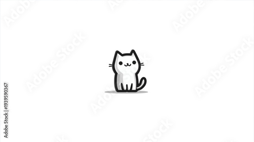 Cute minimalist white cartoon cat illustration on a plain background, adorable simple drawing of a happy feline character.